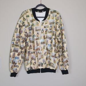 Vintage 90s Equestrian Print Bomber Jacket Hunt Print Riding Horses, Sz XL
